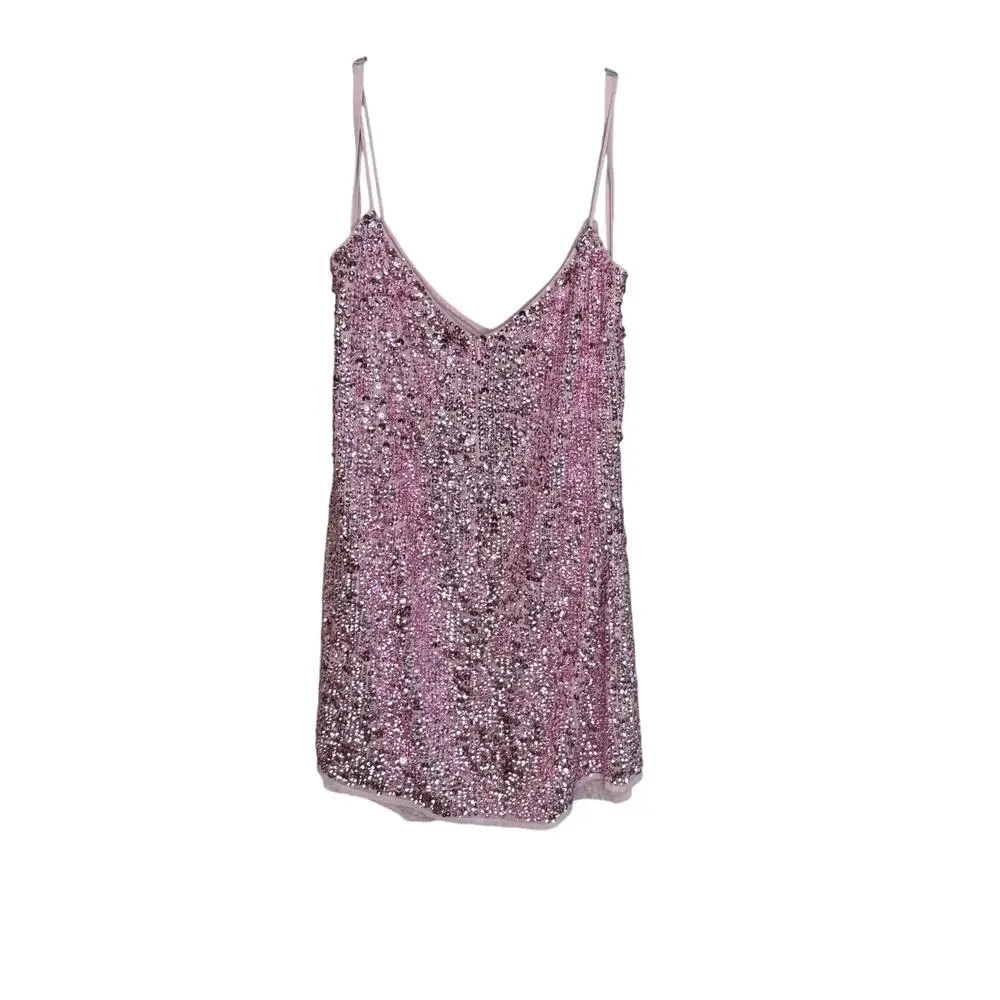 Mac Duggal NWT Short Cocktail Sequin Slip Mini Dress in Rose Pink Size 8